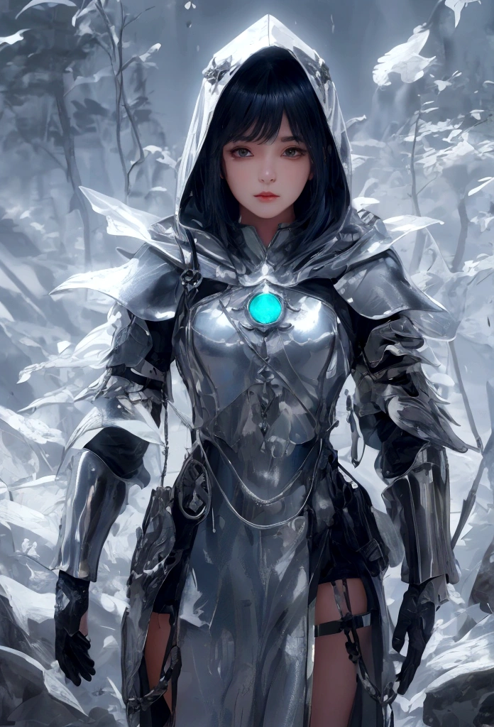 There is a corner on the left side under the bangs, A , whole body, Navy blue hood, Wearing a cowboy medieval hood and silver light armor, serious face, Short Bangs Bob Hairstyle, Emerald eyes, Black Hair, Left single speaker, Dark theme, Soothing Tones, Soft colors, High contrast, Look away (Natural skin texture, Surrealism, Soft Light, sharp) Armory Background,