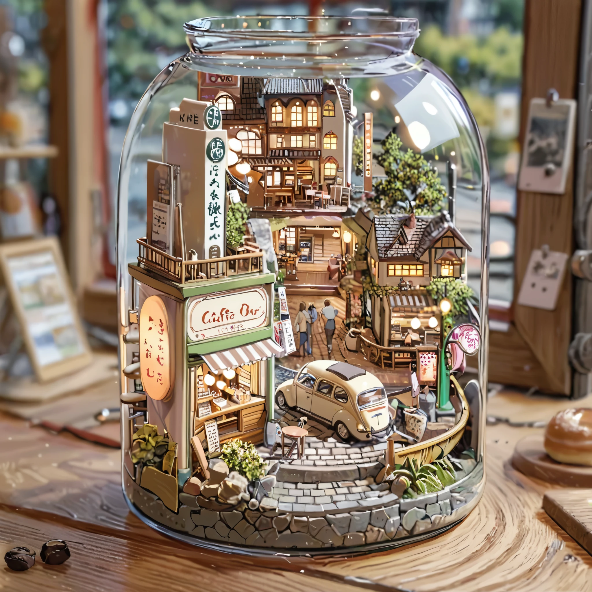 ((tilt-shift photography)), (((cafe in side of bus))), ((anime:1.4,illustration)),(masterpiece, top quality, best quality),(ultra-detailed, absolutely resolution),((16k, high res)). BREAK {lofi art, style of Laurie Greasley, style of Makoto Shinkai, anime aesthetic}