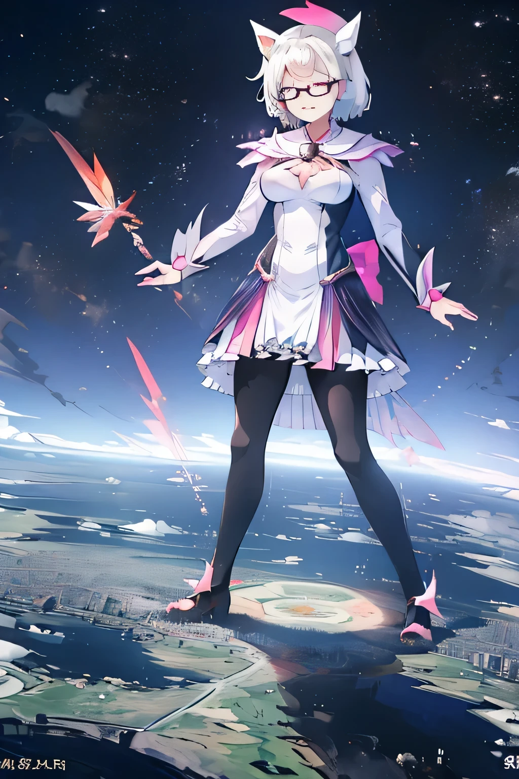 giantess art, highly detailed giantess shots, giantess, Two legs, Five fingers, short hair, A beautiful girl who is bigger than a skyscraper, Wearing rimless glasses, smile, huge breasts, blue and white dress, bow, magical girl, holding a magical wand, black pantyhose, blue stiletto heels, thunderbolt from a magical wand, Destroying cities, A very small big city, Miniature metropolis, Full body description, GTS, giga giantess, stomping city, crash city, tiny city, micro city, pantyhose feet, High resolution, highest quality, masterpiece, peeing self,