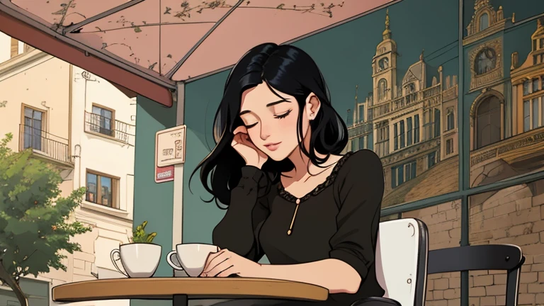 Beautiful woman in her 30s with black hair is sitting on the cafe terrace. Looking down, eyes closed, LOFI girl, alone in the room, blouse, cozy wallpaper, relaxing mood, cozy, only five fingers, European cityscape