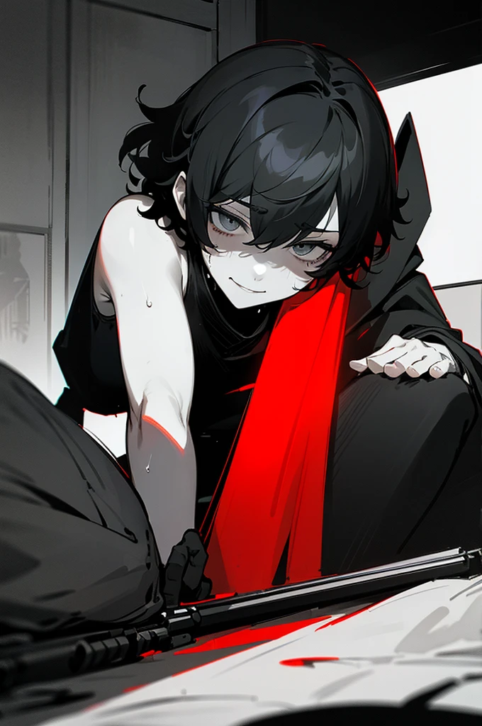 arm enterprise、Suppression Division、Combatant、Sniper、male、若いmale、Curly hair、Short Hair、cool、calm、Listless、Sigh、Nihilistic smile、sex appeal、room、adult、cool、sense of urgency、Creepy eyes、Slender、Large、Sniperライフル、Large ranged weapons、Modern weapons、darkness、dark、melancholy、fatigue、Sweat、shortness of breath、Covert behavior、battlefield、Black theme、grayscale、Red accent color、High Contrast