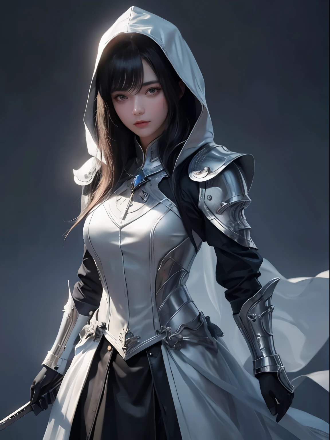 There is a corner on the left side under the bangs, A 15-year-old girl, whole body, Navy blue hood, Wearing a cowboy medieval hood and silver light armor, serious face, Short Bangs Bob Hairstyle, Emerald eyes, Black Hair, Left single speaker, Dark theme, Soothing Tones, Soft colors, High contrast, Look away (Natural skin texture, Surrealism, Soft Light, sharp) Armory Background,