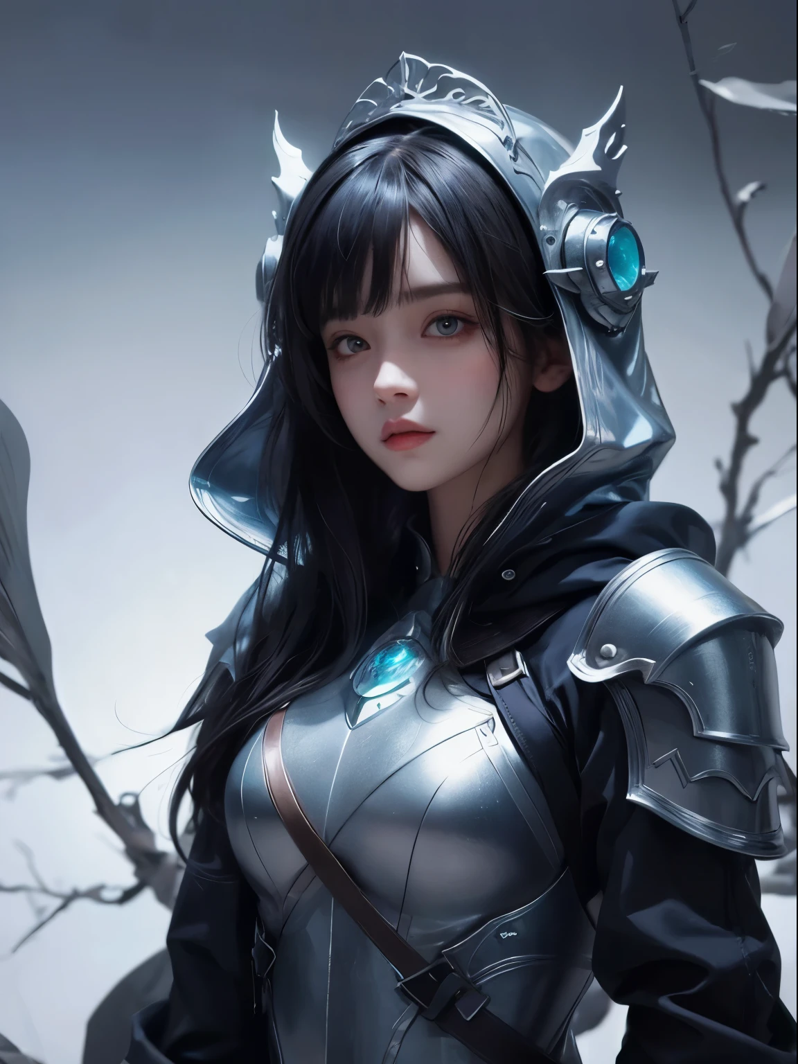 There is a corner on the left side under the bangs, A -yeld gi whole body, Navy blue hood, Wearing a cowboy medieval hood and silver light armor, serious face, Short Bangs Bob Hairstyle, Emerald eyes, Black Hair, Left single speaker, Dark theme, Soothing Tones, Soft colors, High contrast, Look away (Natural skin texture, Surrealism, Soft Light, sharp) Armory Background,
