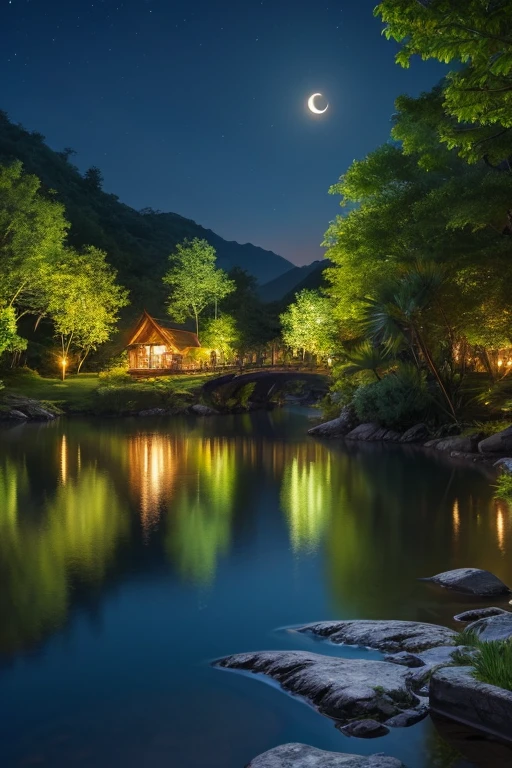 アジアの家のNight view, Vietnam, Vietnam, Hazan, moon, Lake in the foreground, quiet night, Green and Blue, Digital Illustration, Highly detailed digital art in 4K, Night view, anime art wallpaper 4k, anime art wallpaper 4k, 4K Detailed Digital Art, Natural scenery at night, Anime Art Wallpapers 8K, Background artwork, Beautiful Art UHD 4K, 4k HD illustration wallpaper