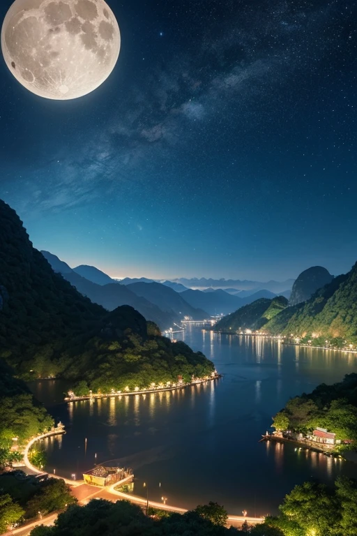 アジアの家のNight view, Vietnam, Vietnam, Hazan, moon, Lake in the foreground, quiet night, Green and Blue, Digital Illustration, Highly detailed digital art in 4K, Night view, anime art wallpaper 4k, anime art wallpaper 4k, 4K Detailed Digital Art, Natural scenery at night, Anime Art Wallpapers 8K, Background artwork, Beautiful Art UHD 4K, 4k HD illustration wallpaper