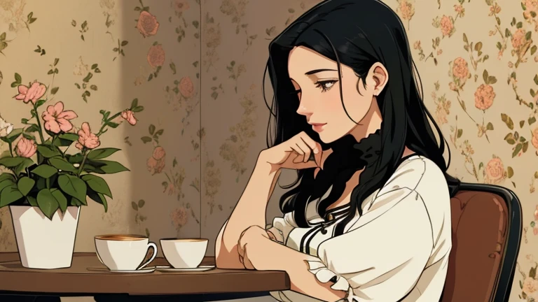 Beautiful woman in her 30s with black hair is sitting on the cafe terrace. Looking down, LOFI girl, alone in the room, blouse, cozy wallpaper, relaxing mood, cozy, only five fingers, 