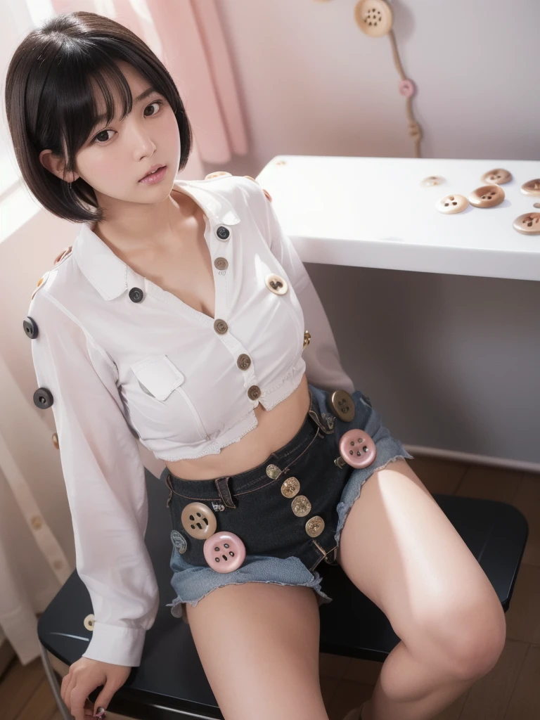 (8k, Photorealistic, Raw photo, Highest quality: 1.4),Japanese idol-style beautiful girl,1 person,17 years old,Hairstyle(Short Bob,Black :1.4),She has her hair tucked behind her ears,Large, clear grey eyes,Long eyelashes,Plump Cheeks,Thin and delicate shoulders,(bra(Pink)Wearing),thin abdomen,(Short sleeve blouse((White 1.6),Plain)Wearing a((All the buttons on the front are undone and the garment is completely open. :2.1),(Bra and navel are visible :1.6))),(Pleated skirt(Plaid)Wearing),School classroom,(She is sitting on a desk with her knees bent and her legs wide apart :2.2)),(View from below),Full body portrait