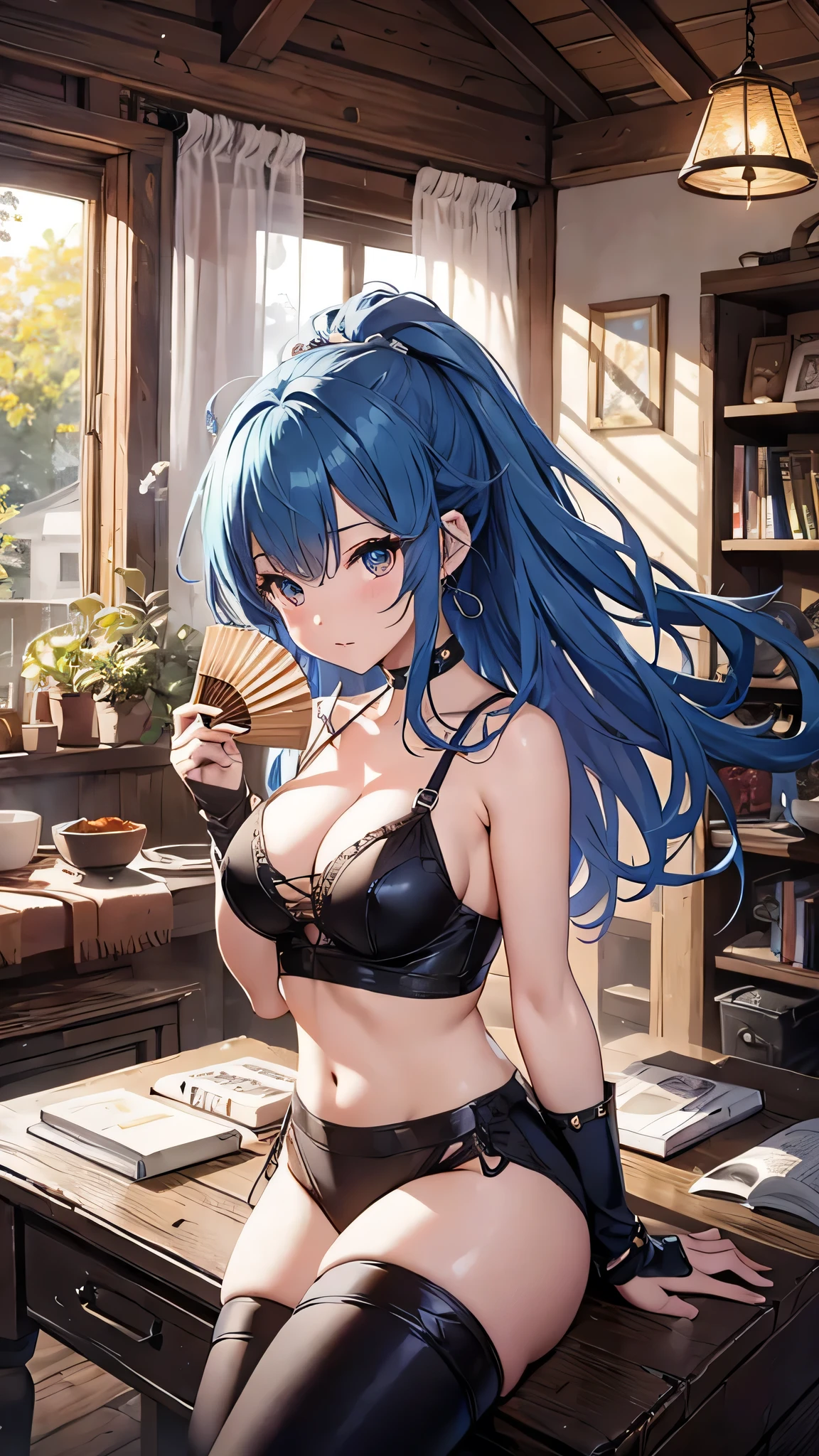 Highest quality、Highest quality、Masterpiece、girl((20-year-old、as soon as、Highest Bust、Medium Bust、Wide open chest、Red glowing eyes、Light Blue Hair、Disheveled Hair、Loincloth、thin、The best valley、Open chest、Full body view、White shorts、Black tank top、boots))、high quality、Beautiful Art、background((Wooden house、Wooden house具、Fan、White Curtains))、flight、Flying Debris、Depth of text、movie、Visual Arts、Perfect Art、8K、Genuine、Special Angles