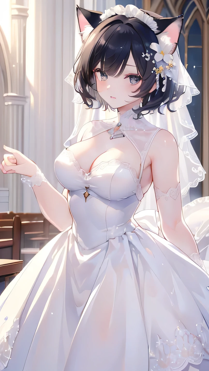((best quality)), ((masterpiece)), (detailed), perfect face, ((Best quality, 8k, Masterpiece: 1.3)), Sharp focus A beautiful woman, Highly detailed face and skin texture, Detailed eyes, Double eyelid, Black hair, short hair, flower hair accessory, white wedding dress, cowboy shot, church, cat ears, Cat claws and paws