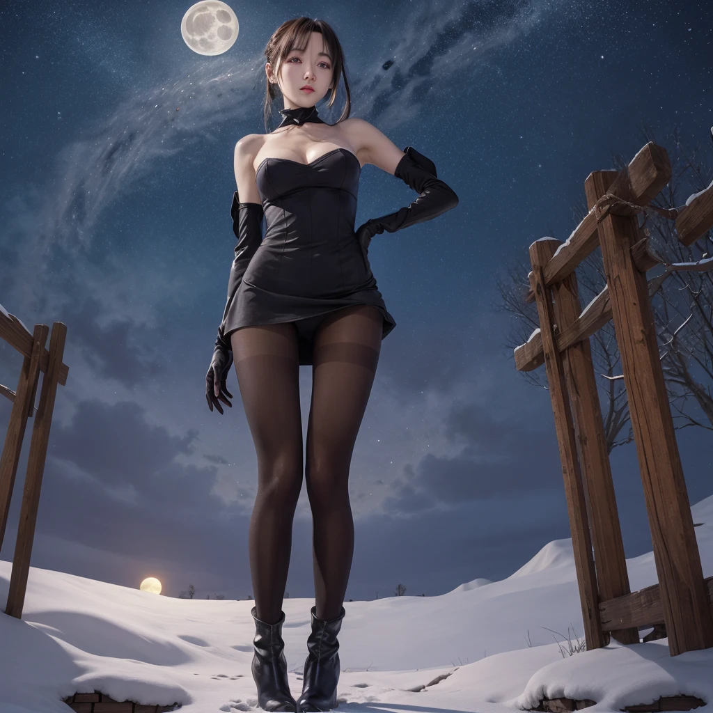 1 girl,masutepiece, Best Quality, hight resolution,  Long gloves, Bare shoulders, Dress, off shoulders,fullmoon、((pantyhose))、long boots、Photo from below