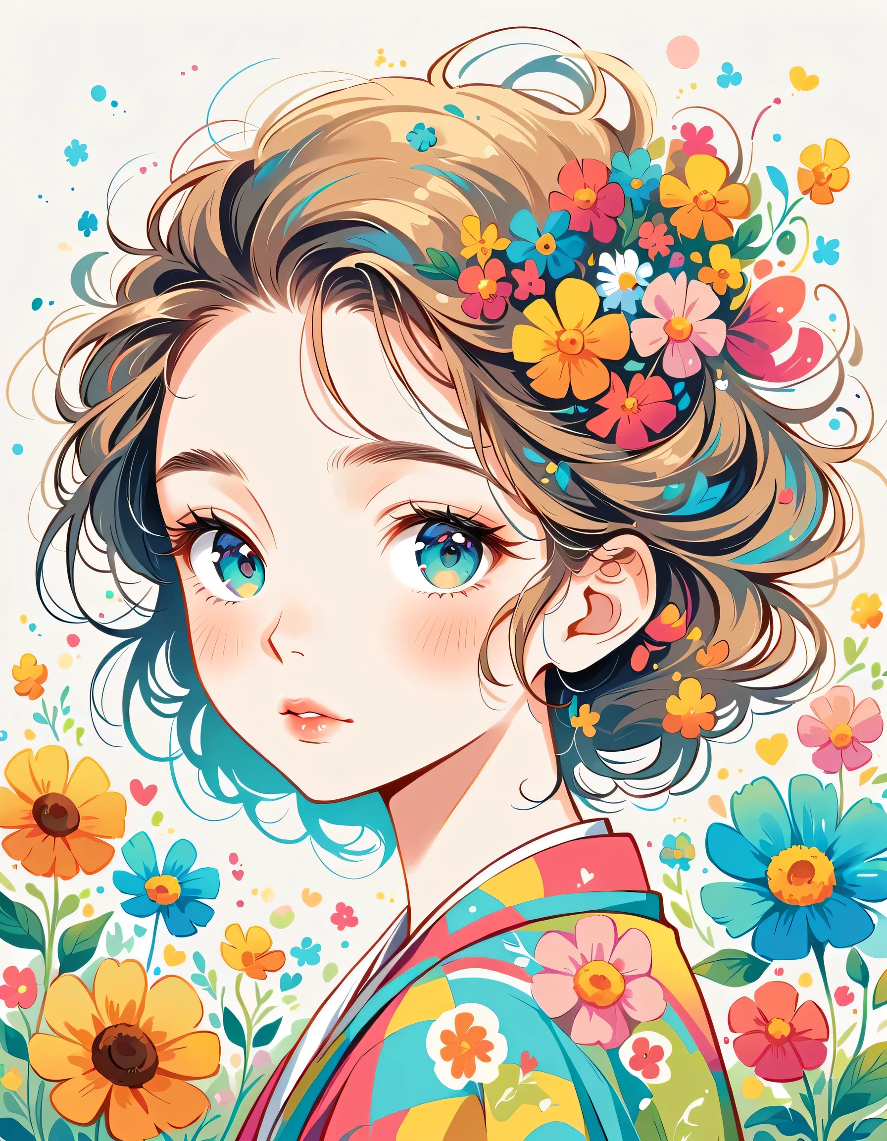 Takashi Murakami style、The most beautiful girl of all time、Lips in Love、Colorful flowers、Simple line initials、Abstract art、Urban Background,