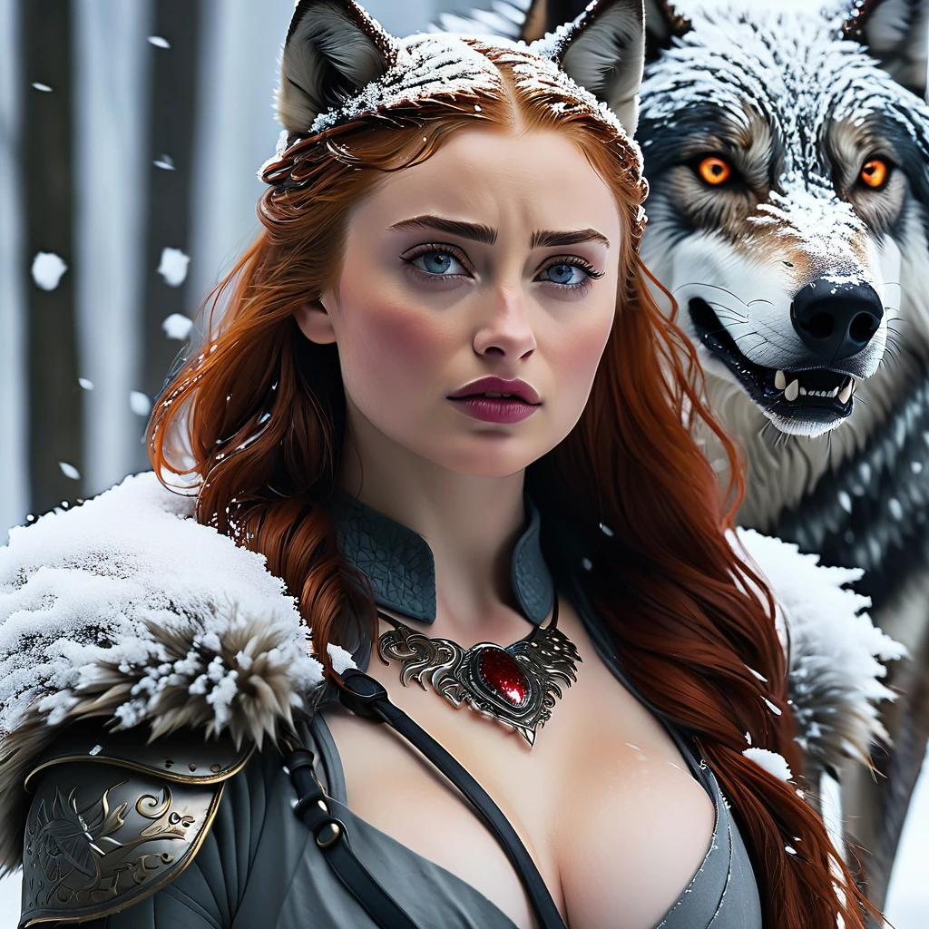 4k highly detailed realistic digital extremely high quality RAW photograph, a portrait photo of Sansa Stark that lived with wolves her whole life is now leading them to battle. torn clothes exposing (nude:1.4) body, armored pauldrons, fangs, curled horns, big breasts, ((snow and blood)), ((wolf tattoos)), epic, hyperrealistic, hyperrealism, 8k, cinematic lighting, greg rutkowski, wlop, (f1.8 short focus bokeh)