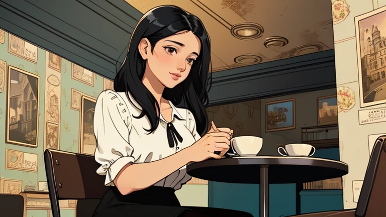Beautiful woman in her 30s with black hair is sitting on the cafe terrace. Looking down, LOFI girl, alone in the room, blouse, cozy wallpaper, relaxing mood, cozy, only five fingers, European cityscape
