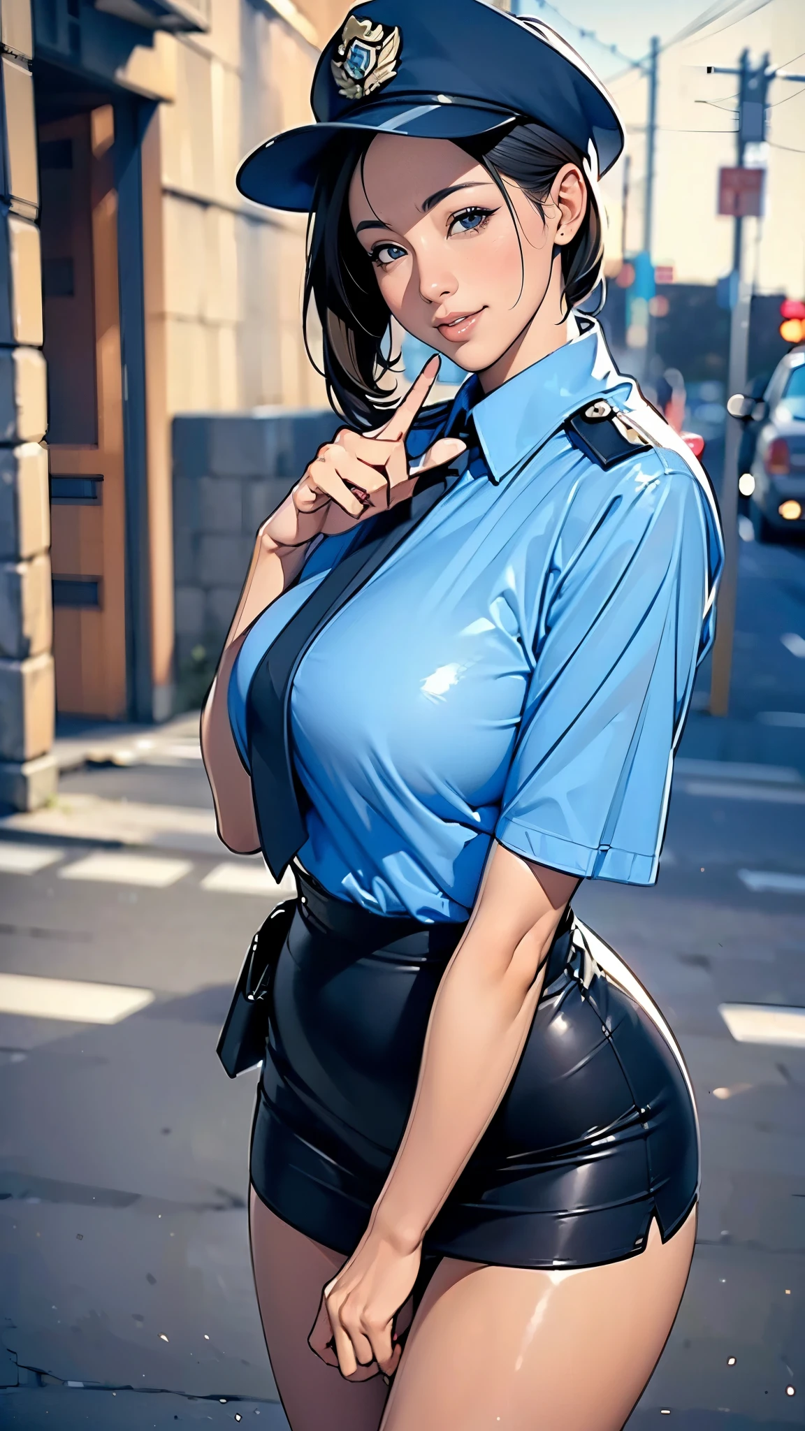 (masterpiece:1.2, highest quality), (Realistic, photoRealistic:1.4),Beautiful illustrations,(Natural Side Lighting, Cinema Lighting),1 female,Japanese,Mature Woman,Female police officer on patrol,48 years old,Perfect Face, Symmetrical face, Shiny skin,Random Hairstyles,Big eyes,Sexy Eyes,(smile),(whole body),break((Police Officer Shirt)),((A tight mini skirt made of very thin fabric)),(Police hat),(The background is a street corner:1.5),(((Background Blur:1.5))),((Police uniform)),BREAK(((front:1.5))),(((Finger gun with right hand)))