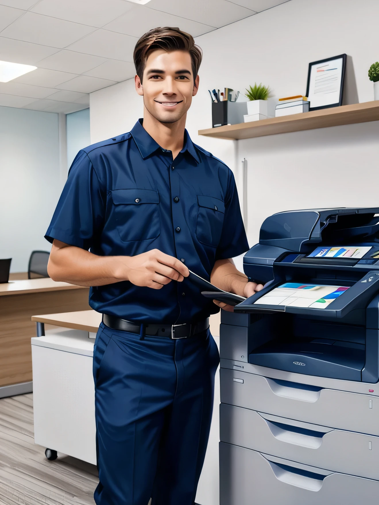 Create an image of a handsome male employee with a gentle smile, dressed in service technician attire. He is standing and repairing a large Xerox copier inside a modern office. The office should feature contemporary furnishings, such as a desk, chair, and shelves, as well as various office equipment, creating a sleek and professional work environment."