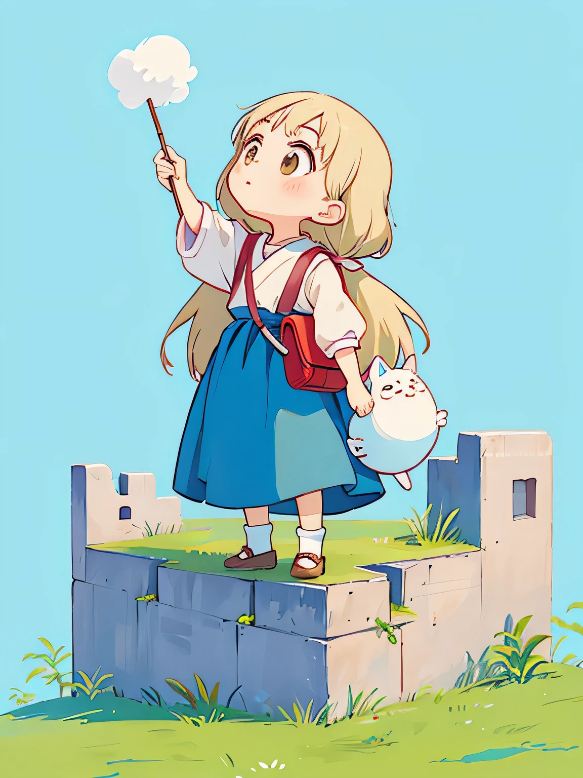 Hayao Miyazaki style、Kawaii Design, most beautiful girl ever、Chibi, Standing looking up at the wall、High walls