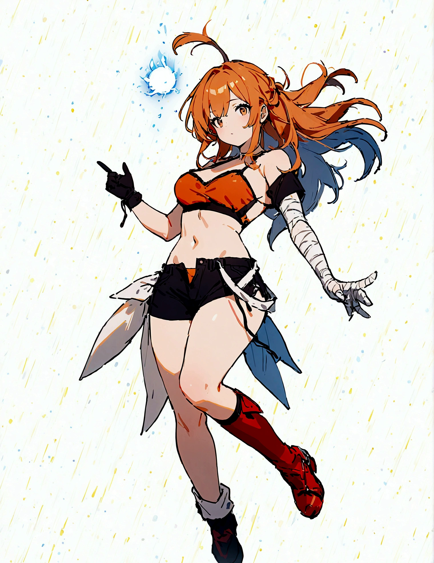 ((Best Quality, 8K, Masterpiece: 1.3)), 1girl, Beauty: 1.3, (Hairstyle wild Casual,) floating, meteors raining down, red crop top, black shorts, left leg is red mechanical, right arm is tied with bandages, right arm has a glove that goes till the bicep ,long hair, orange hair with blue tips, untied hair, orange hair color, Super Fine Face,