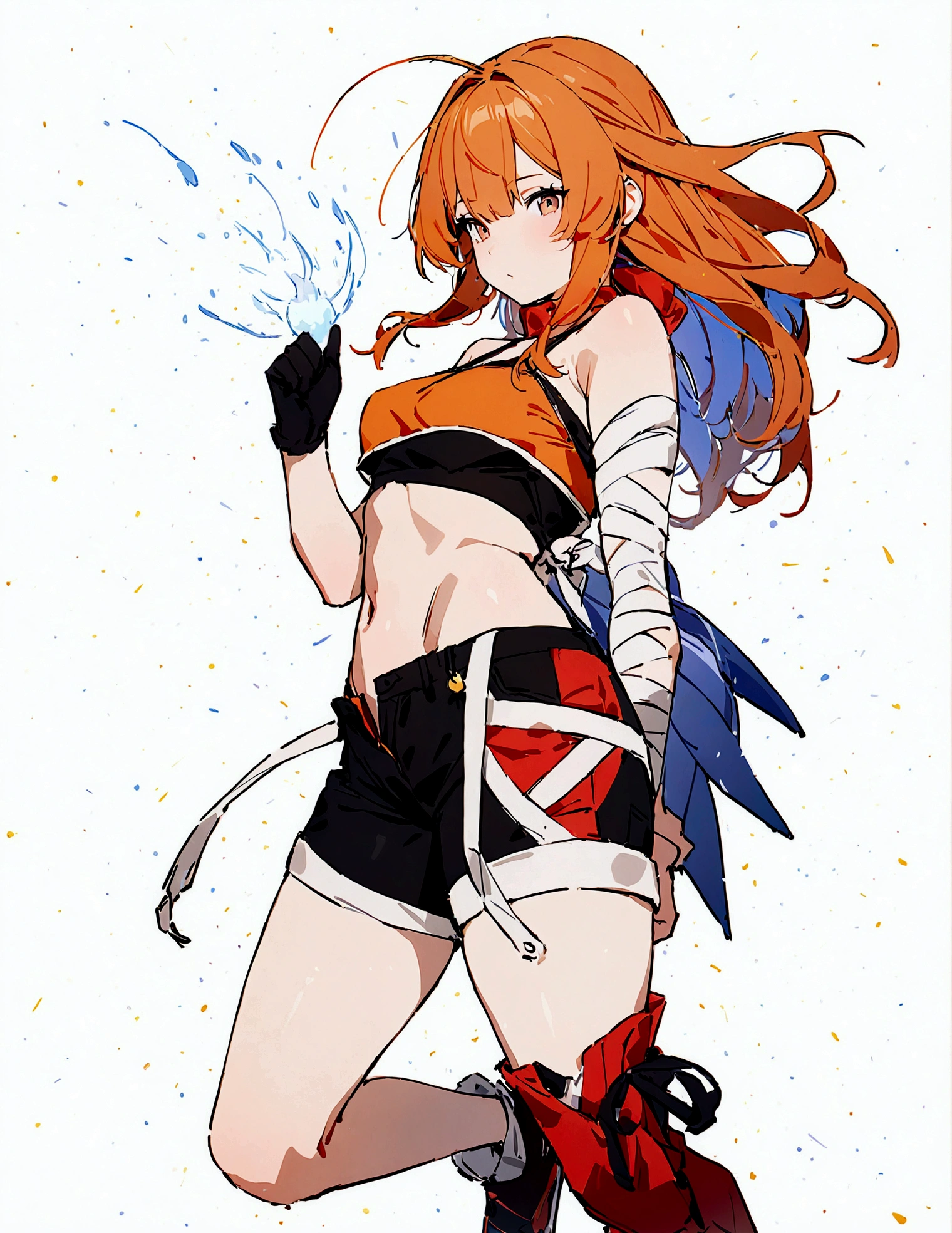((Best Quality, 8K, Masterpiece: 1.3)), 1girl, Beauty: 1.3, (Hairstyle wild Casual,) floating, meteors raining down, red crop top, black shorts, left leg is red mechanical, right arm is tied with bandages, right arm has a glove that goes till the bicep ,long hair, orange hair with blue tips, untied hair, orange hair color, Super Fine Face,