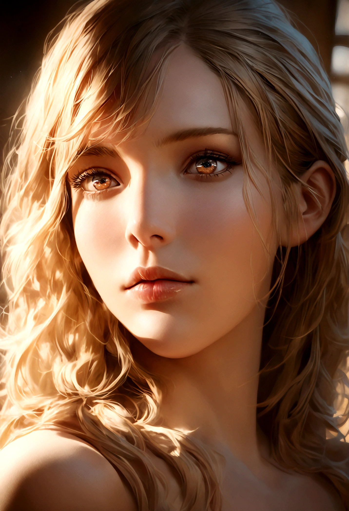 blond hair, beautiful detailed eyes, beautiful detailed lips, extremely detailed eyes and face, long eyelashes, high quality, photorealistic, 8k, hyperrealistic, beautiful woman, elegant, serene expression, soft lighting, warm color palette, cinematic, art photography