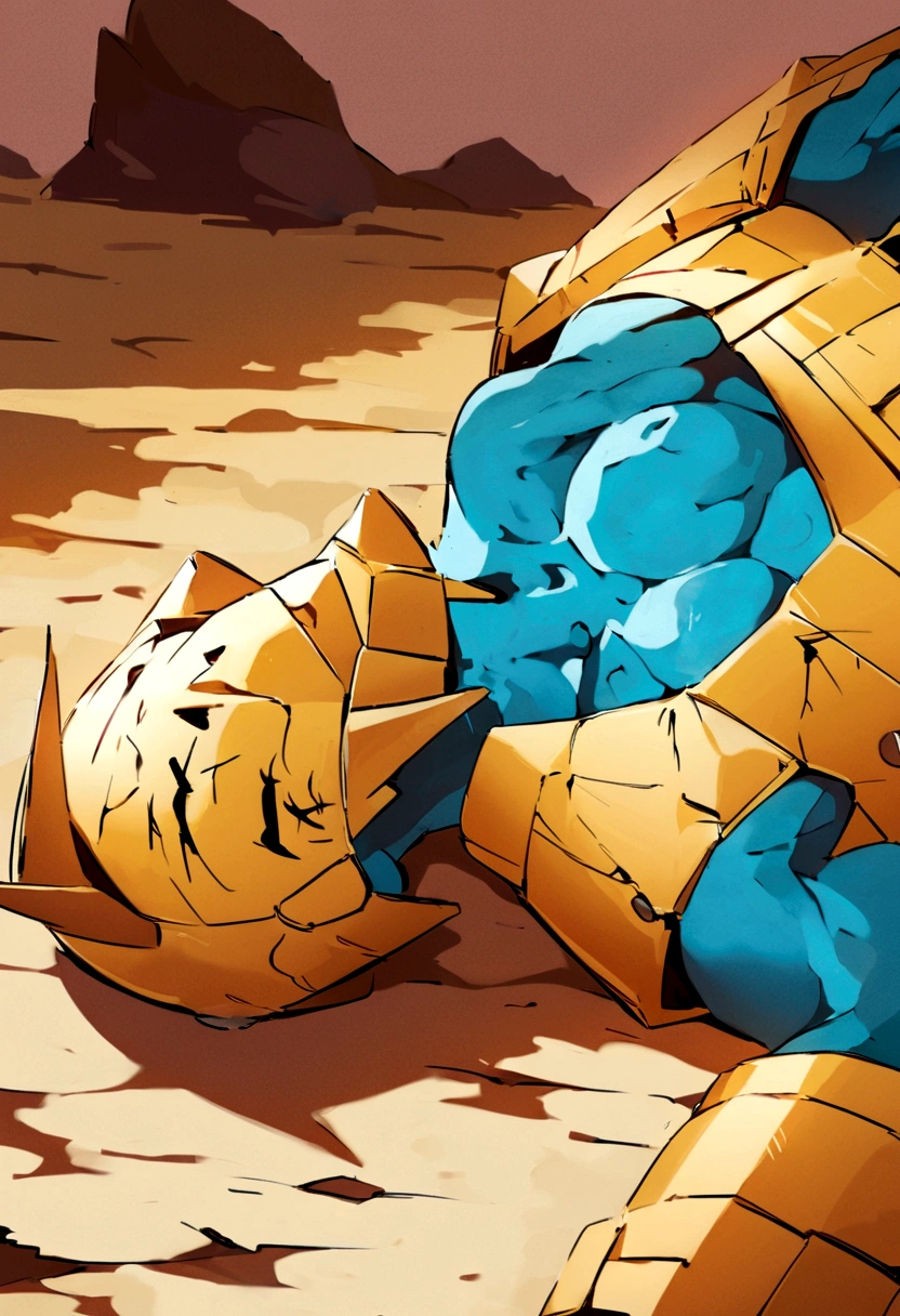 (solo:1.5),1boy,helmet,Magnamon,small,(closed eyes:1.5),(painful:1.5),injury,beaten up,lie down,faint,(battle damaged:1.2),(topless Magnamon:1.5),(armor fragments:1.2),(shirtless:1.2),fighting_stance,in destoryed land,full_shot,blue_body,white_pecs,