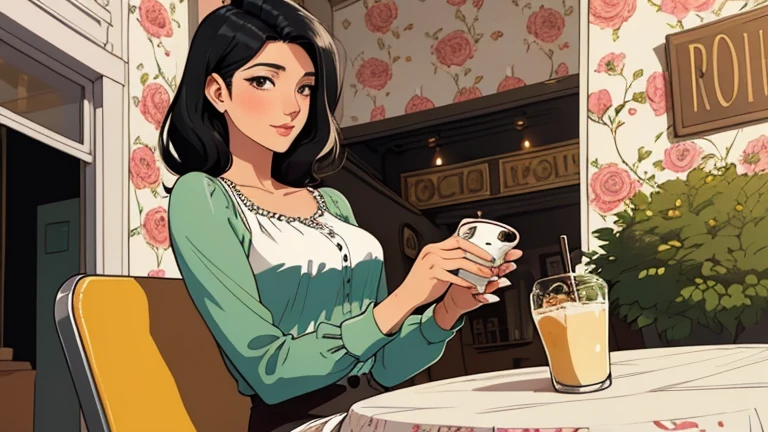 Beautiful woman in her 30s with black hair is sitting on the cafe terrace. Looking down, LOFI girl, alone in the room, blouse, cozy wallpaper, relaxing mood, cozy, only five fingers, European cityscape