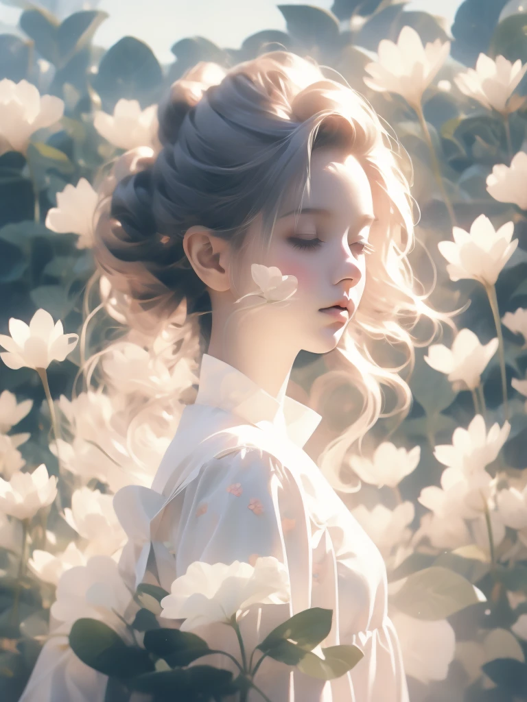Cute little princess、(funny:1.2)、Her outfit is、Blends seamlessly into the beautiful flower field background、Multiple Exposure Effect