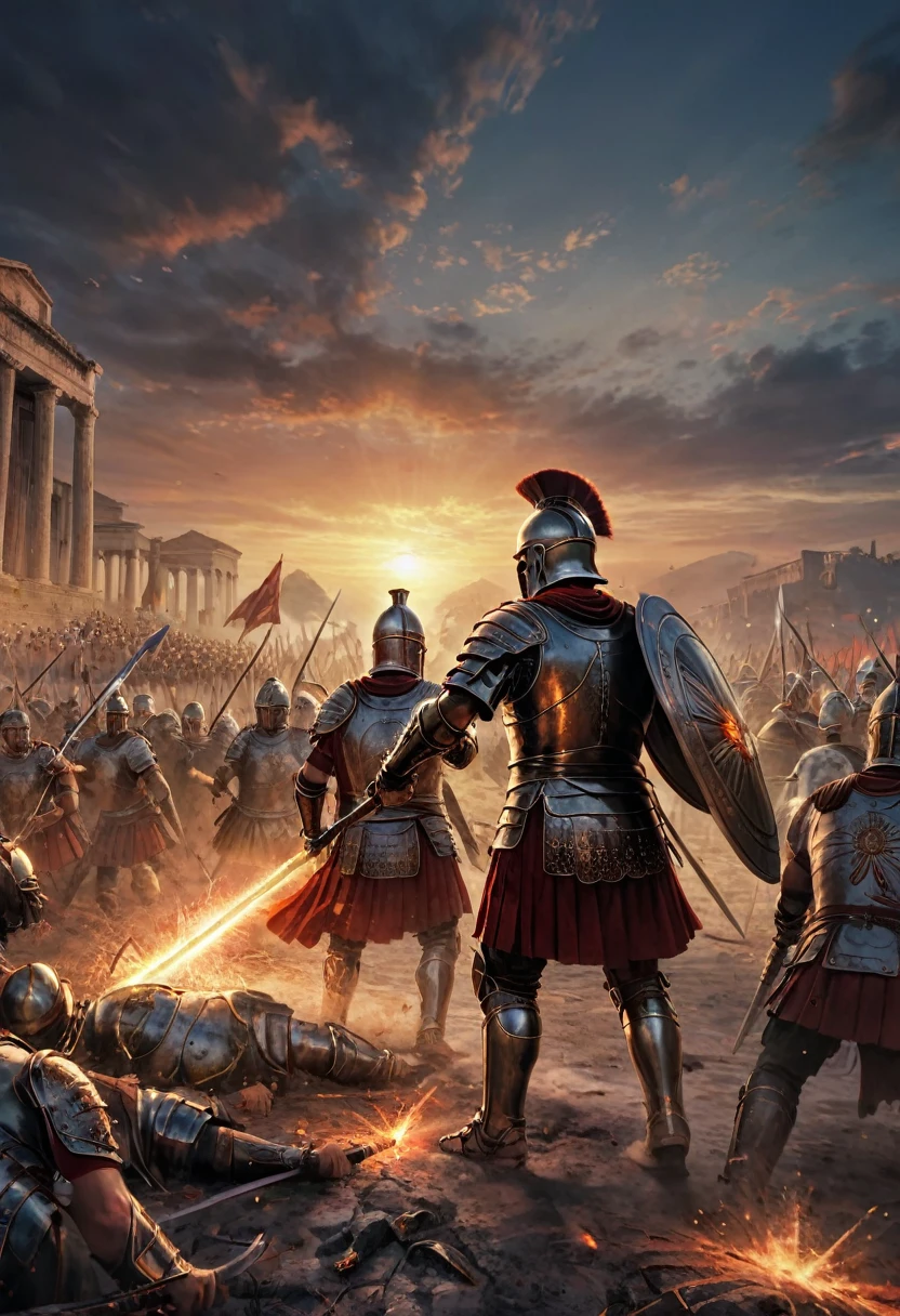 (corpo completo),battle scene of a Roman centurion with a Templar knight, In the background, several warriors fighting in the sky at twilight with orange red colors , (Intricate details of the machine).imagem fotorrealista,maximum sharpness, Qualidade 8K.(obra-prima de alta qualidade).