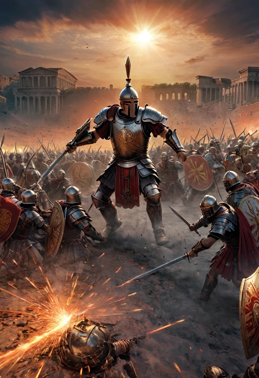 (corpo completo),battle scene of a Roman centurion with a Templar knight, In the background, several warriors fighting in the sky at twilight with orange red colors , (Intricate details of the machine).imagem fotorrealista,maximum sharpness, Qualidade 8K.(obra-prima de alta qualidade).