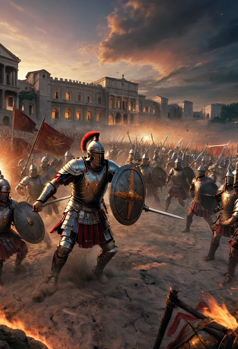 (corpo completo),battle scene of a Roman centurion with a Templar knight, In the background, several warriors fighting in the sky at twilight with orange red colors , (Intricate details of the machine).imagem fotorrealista,maximum sharpness, Qualidade 8K.(obra-prima de alta qualidade).