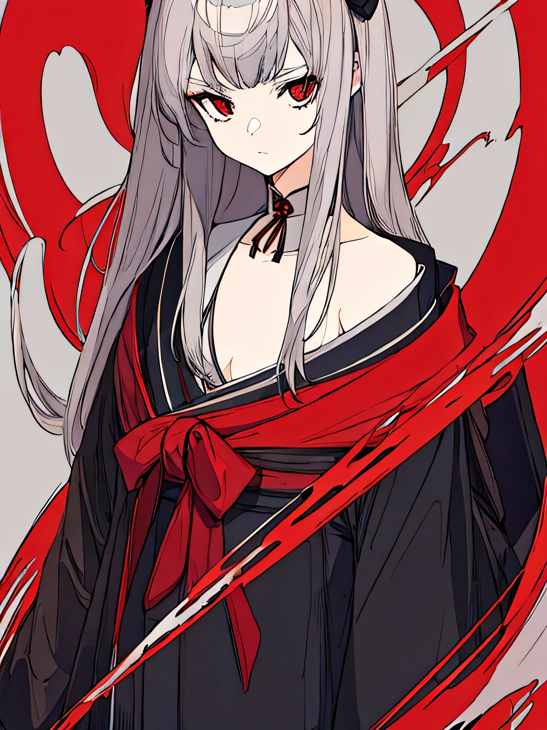 (high quality),(masterpiece),Gray Hair,Girl,Poker face,flat chest,Black Kimono,serious,solo,coat,red eyes