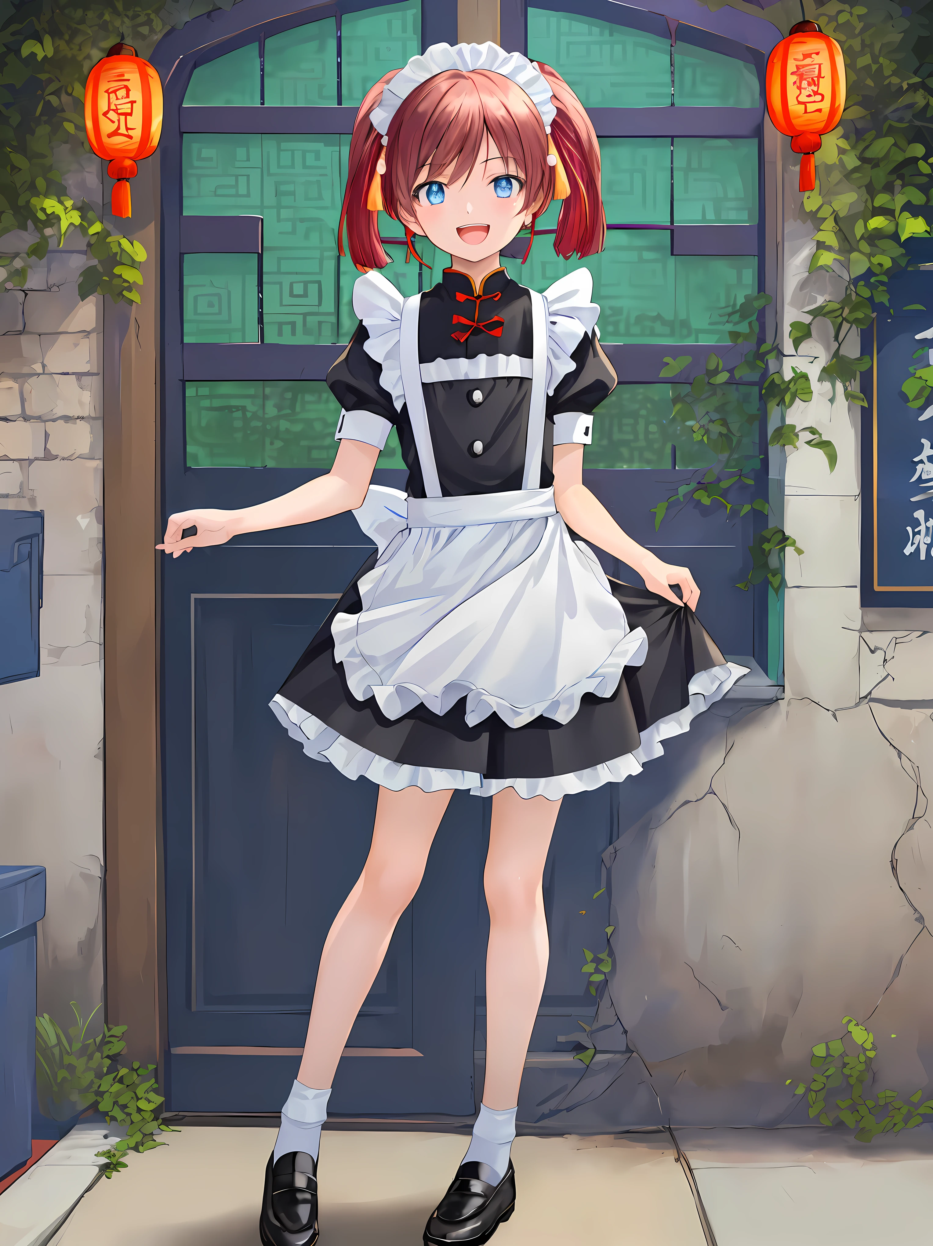 (masterpiece:1.2), best quality, highres, original, (extremely detailed:1.2), ultra-detailed, wallpaper, perfect lighting,(extremely detailed CG:1.2), 8k, anime illustration, 1boy,cute, kawaii, crossdressing, (twin tails, light-blue eyes, flat chest, open the mouth, laughing, happy:1.2), (Chinese-style maid outfit, apron, ruffles hemline, knee-length dress:1.3), standing in front of the camera, frontal, looking at viewer, (anatomically correct:1.5), outdoor, full body