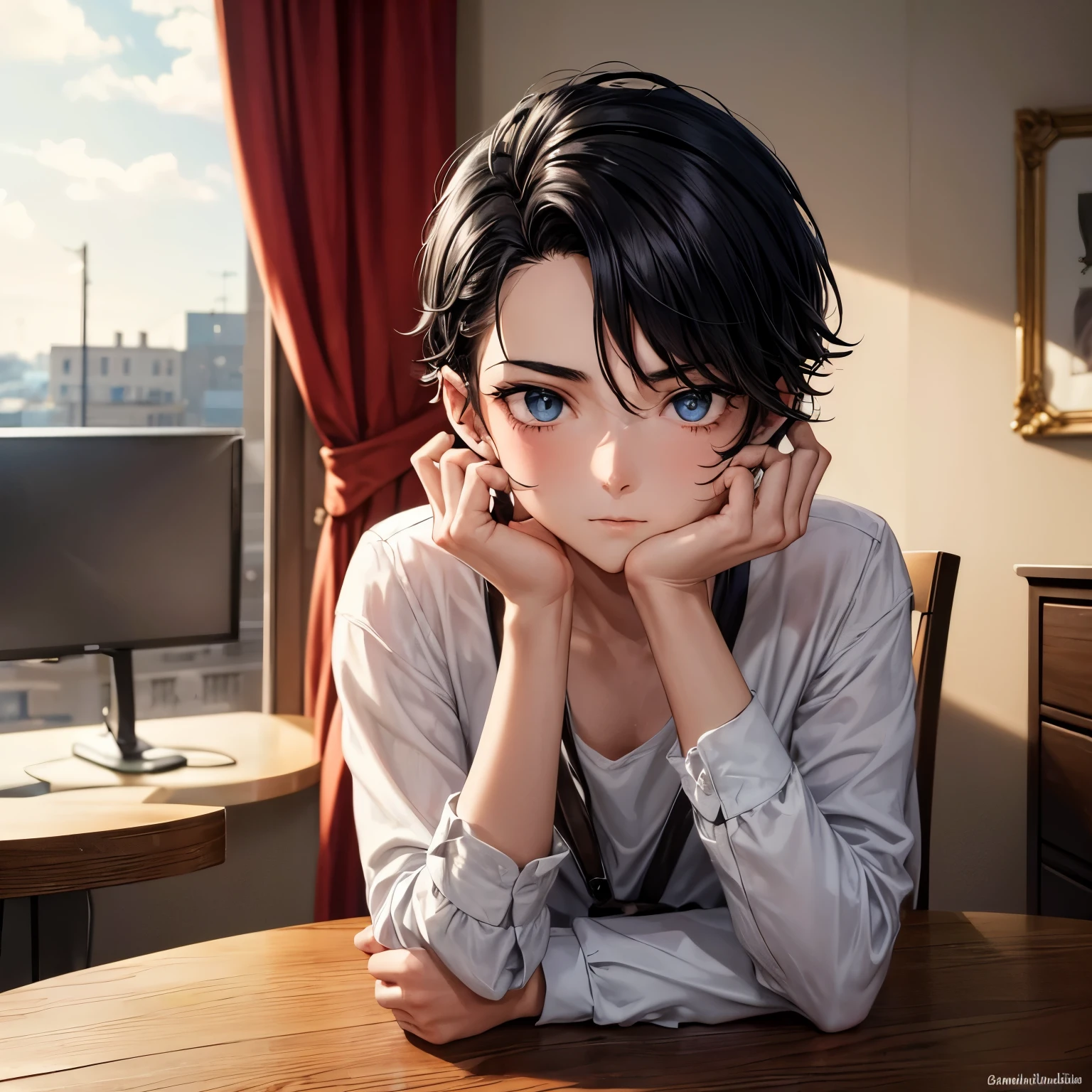 (1boy) Jeune homme noir, shaved black hair, on dirait Taylor Launer, beard close to his face well done, yeux rouges marron clair. Youtuber assis devant la caméra et regardant des vidéos pour sa chaîne YouTube, Tidy room, avec des poteaux terroristes sur les murs, hands with great details 5 fingers on each hand. Sur ta table un café chaud