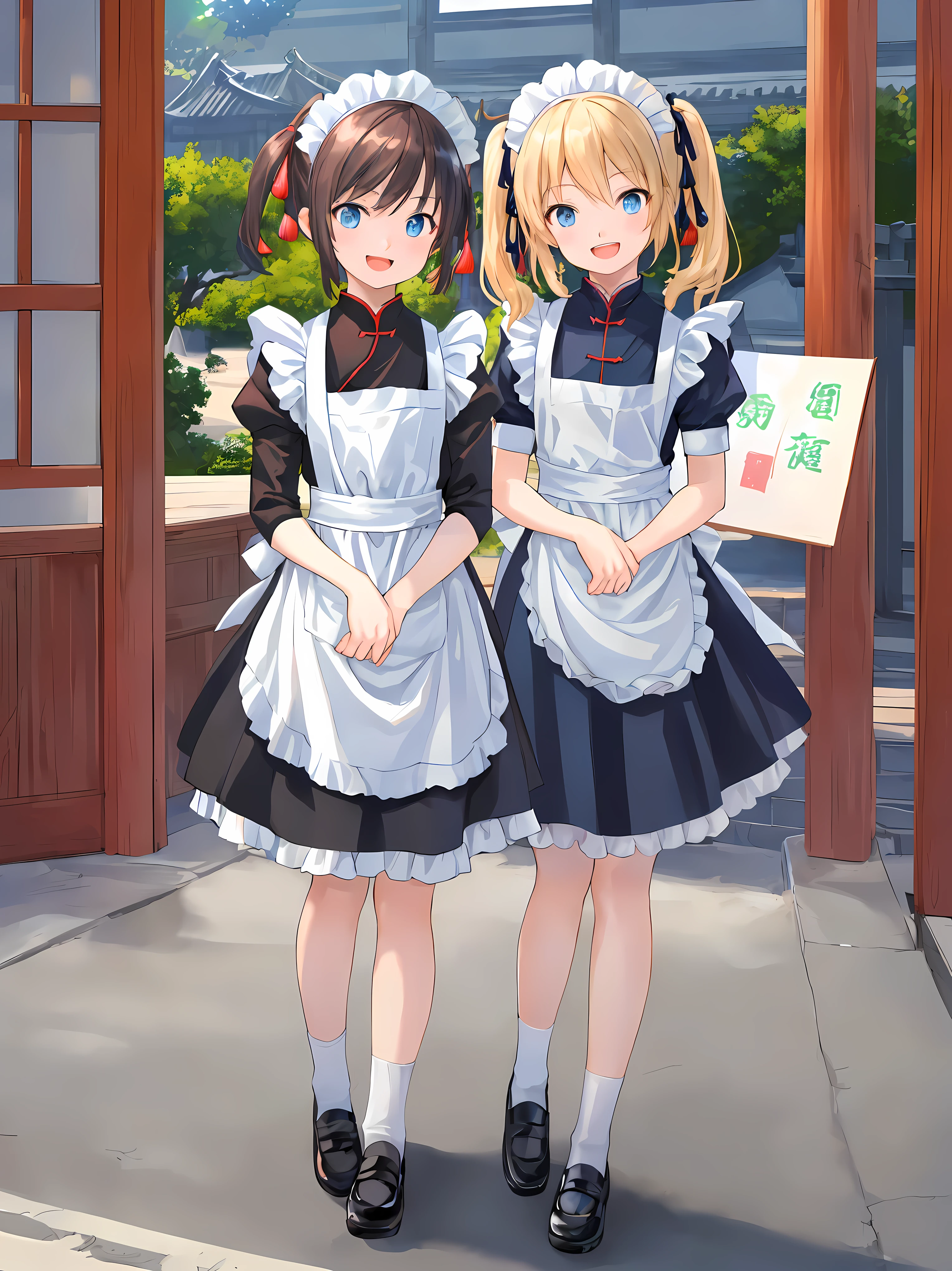 (masterpiece:1.2), best quality, highres, original, (extremely detailed:1.2), ultra-detailed, wallpaper, perfect lighting,(extremely detailed CG:1.2), 8k, anime illustration, 1boy,cute, kawaii, crossdressing, (twin tails, light-blue eyes, flat chest, open the mouth, laughing, happy:1.2), (Chinese-style maid outfit, apron, ruffles hemline, knee-length dress:1.3), standing in front of the camera, frontal, looking at viewer, (anatomically correct:1.5), outdoor, full body