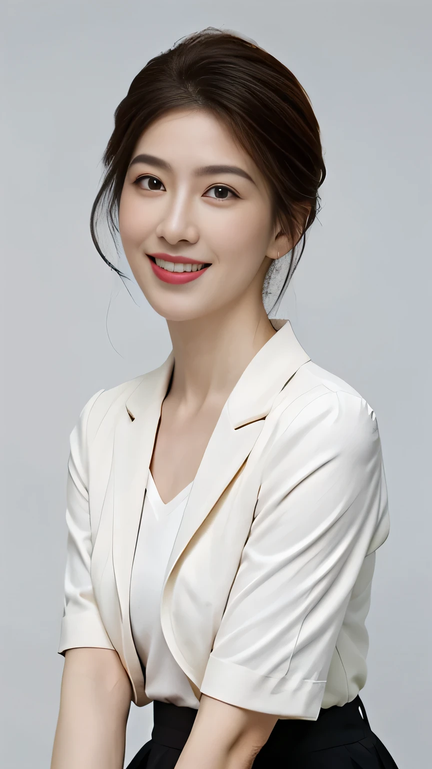 masterpiece,highest quality, (One mature woman、42 years old), ((close:0.5)), ((Cross Arm)), Glare, （Grey blazer）, （White shirt：1.2）, （Pencil Skirt：1.2）double eyelid, eyelash, Lip gloss, (smile:1), ((close your eyes:0.85)), ((Looking at the audience、Whole body image、Are standing)), to be born, (From above:0.2), ((no one)), （Gray background）、（Short boule：1.2）、Written boundary depth、Pointy red mouth、(Reddish brown wet shiny short hair,,,,,,,,,),Red Mouth,clavicle、（Full body portrait：1.4）、Digital Illustration, (Photorealistic:1.3),(RAW Photos.)