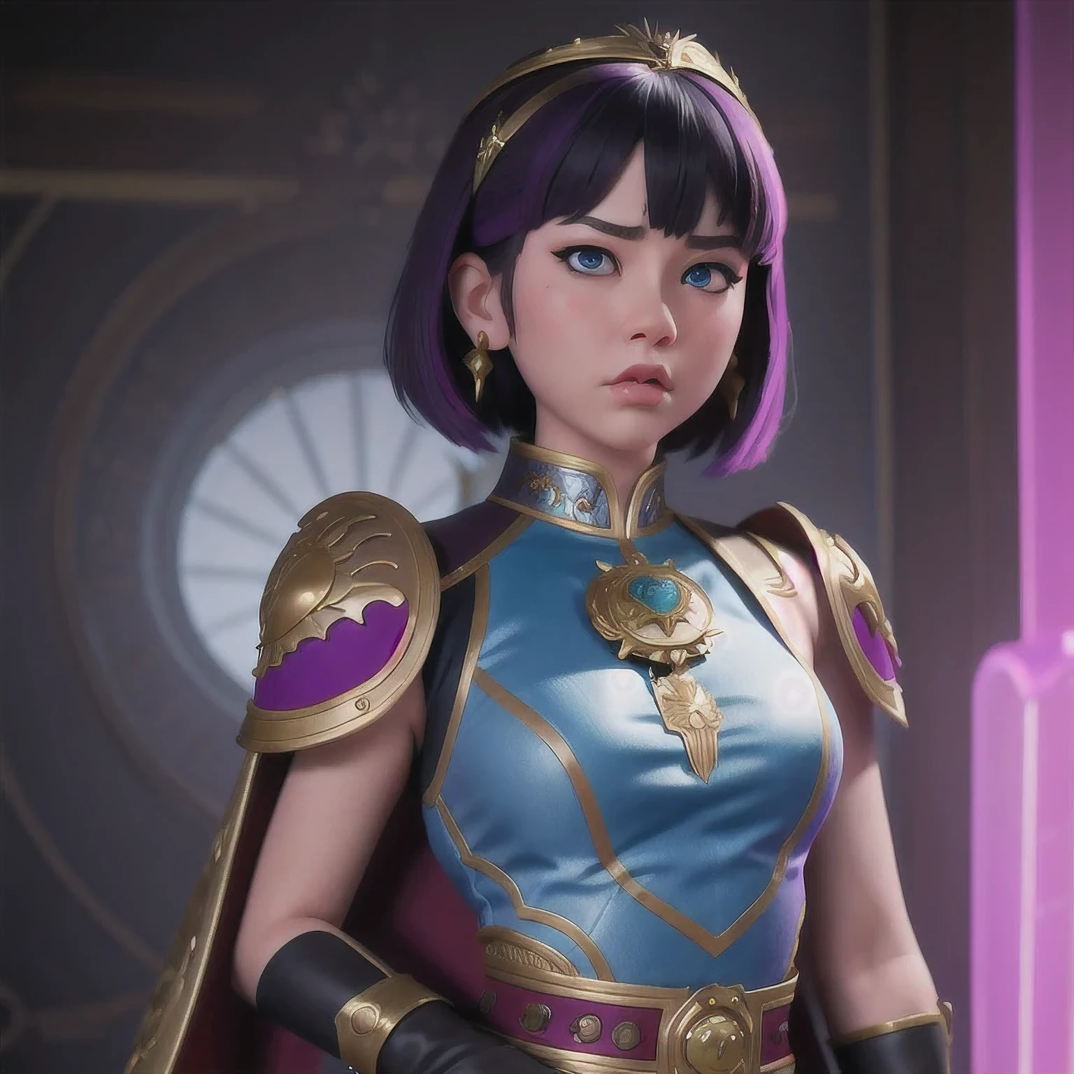 (((Disgusted look)))there is a 18 years old in a purple dress holding a dragon, wlop and ross tran, ross tran 8 k, fantasy art style, chengwei pan on artstation, a beautiful fantasy empress, ross tran and wlop, ruan jia and artgerm, the dragon girl portrait, ig model | artgerm, artgerm and ruan jia，beautiful 1girl bangs blue eyes closed mouth ear piercing earrings grey background hair ornament jewelry lips looking at viewer military military uniform nose piercing portrait realistic short hair simple background solo upper body