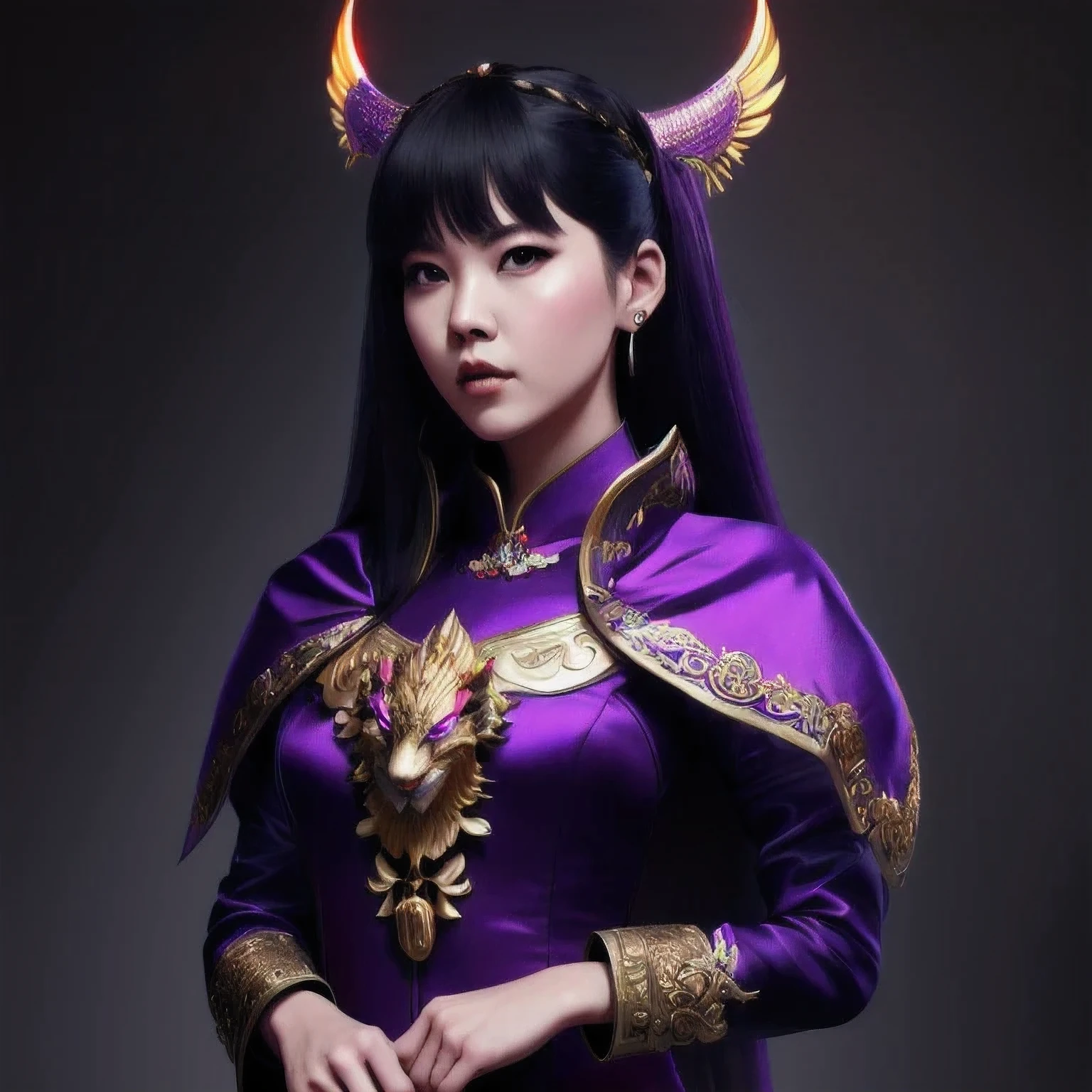 (((Disgusted look)))there is a 18 years old in a purple dress holding a dragon, wlop and ross tran, ross tran 8 k, fantasy art style, chengwei pan on artstation, a beautiful fantasy empress, ross tran and wlop, ruan jia and artgerm, the dragon girl portrait, ig model | artgerm, artgerm and ruan jia，beautiful 1girl bangs blue eyes closed mouth ear piercing earrings grey background hair ornament jewelry lips looking at viewer military military uniform nose piercing portrait realistic short hair simple background solo upper body