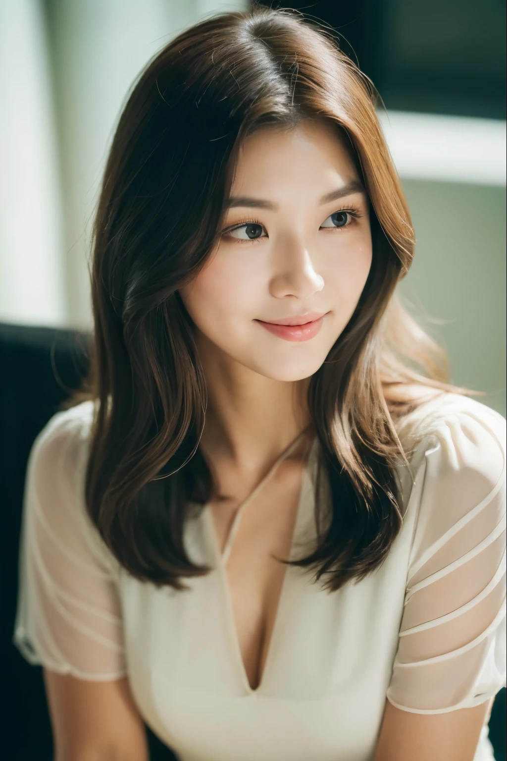 full body photo, ((best qualtiy, 8K, tmasterpiece:1.3)), Focus:1.2, perfect figure beautiful woman:1.4, asian woman, Cocked buttocks:1.2, ((Cut hair in layers:1.2)), (medium tits),(midi dress:1.5), Highly detailed facial and skin texture, A detailed eye, double eyelid,Whiten skin,long whitr hair,(Keep one's mouth shut:1.3), ssmile, morning in the Catholic Church, warm sunshine, analog Kodak film grain