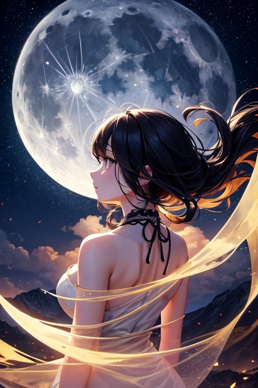 highest quality,Big moon and shadow,A silhouette of a person can be seen against the backdrop of a large moon.,There is one full moon,There is a mood,Beautiful scenery,Starry Sky
