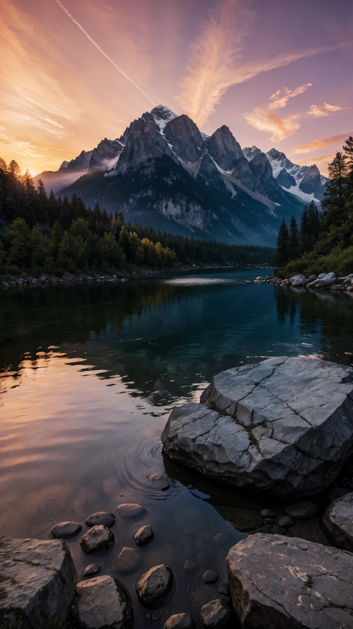 mountain view with sunset, realistic, 8k darklight, watching sunset, lake, river, rock