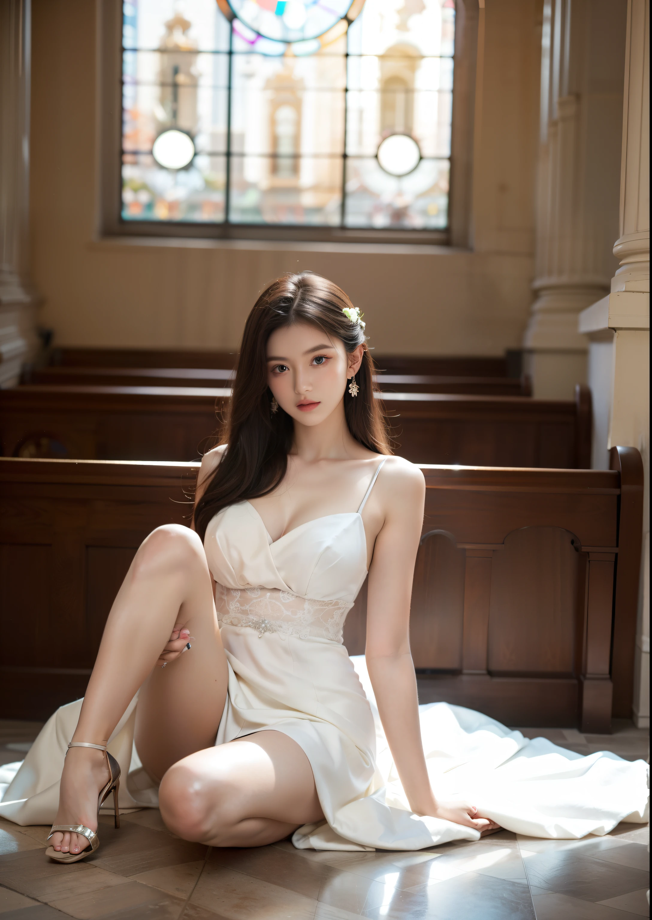 Beautiful 25 year old tall and slender woman。perfect legs. perfect face. She is fashion model. She is staying in the old classic church. She is wearing a wedding dress. Her one leg is visible and the other is hidden by the dress. She is illuminated by sunset light. the evening church lights is on . her dark brawn hair. High resolution、masterpiece、highest quality、頭w:1.0、((Hasselblad Photos))、fine skin、(movie lighting)、clavicle . full body picture.