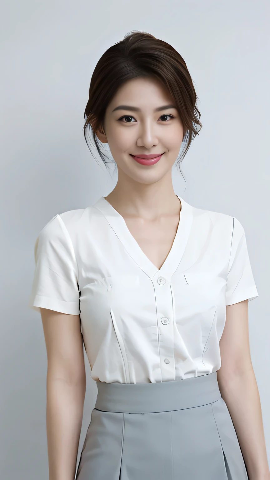 masterpiece,highest quality, (One mature woman、42 years old), ((close:0.5)), ((Cross Arm)), Glare, (Grey blazer), (White shirt:1.2), (Pencil Skirt:1.2)double eyelid, Japanese, Lip gloss, (smile:1), ((close your eyes:0.85)), ((Looking at the audience、Whole body image、Are standing)), to be born, (From above:0.2), ((no one)), (Gray background)、(Short boule:1.2)、Written boundary depth、Pointy red mouth、(Reddish brown wet shiny short hair,,,,,,,,,),Red Mouth,clavicle、(Full body portrait:1.4)、Digital Illustration, (Photorealistic:1.3),(RAW Photos.),Bright smile,((Large Breasts)),E cup breasts