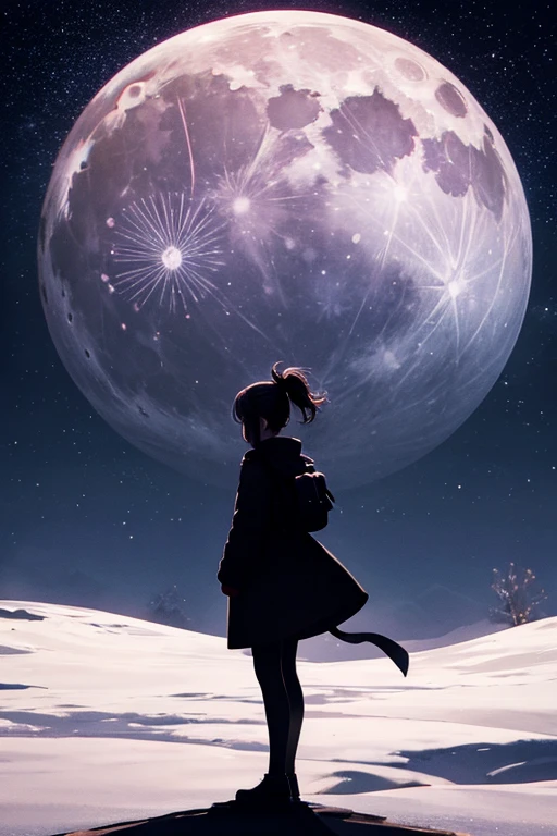 highest quality,Big moon and shadow,A silhouette of a person can be seen against the backdrop of a large moon.,There is one full moon,There is a mood,Beautiful scenery,Starry Sky
