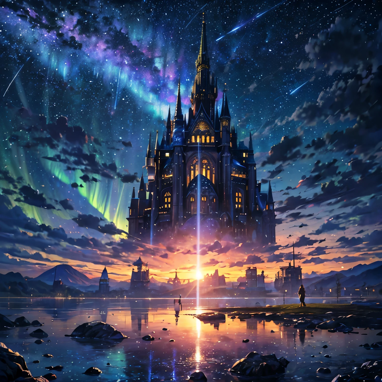 (8k, highest quality, masterpiece, final fantasy style: 1.2), (unRealistic, photoRealistic: 1.37), Dreamy landscape, Fantasy, Unsurreal landscapes, Super detailed, Flying medieval castle, Floating Island in the Sky, Seven-colored swirl of light, (流星のMr.に空を舞う光り輝く尾の長い小鳥:1.3), Aurora, Intense lightning, milky way, Complex Light, Mr.々Colored light, Large Lake, Starry sky reflected on the lake surface, Countless shining stars, Meteors, Many meteors, Aura of, (A pillar of light emanated from the ground:1,2), 複雑な文Mr.の魔法陣