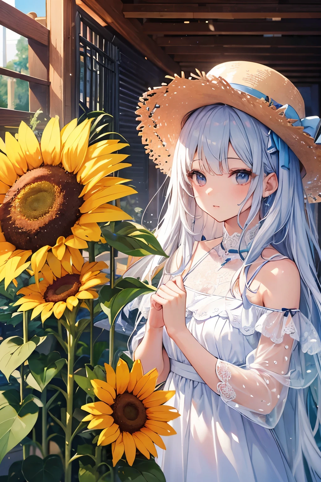 In 8K、highest quality、masterpiece、Ultra-detailed、Ultra-high resolution、Anime Style、One woman、Midsummer、White Dress、Straw hat、sunflower