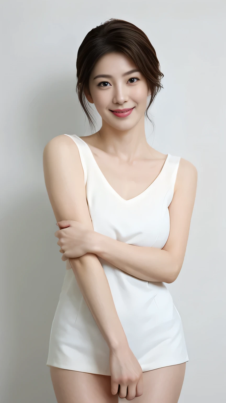 masterpiece,highest quality, (One mature woman、42 years old), ((close:0.5)), ((Cross Arm)), Glare, (lingerie), (shirt:1.2), (lingerie:1.2)double eyelid, Japanese, Lip gloss, (smile:1), ((close your eyes:0.85)), ((Looking at the audience、Whole body image、Are standing)), to be born, (From above:0.2), ((no one)), (Gray background)、(Short boule:1.2)、Written boundary depth、Pointy red mouth、(Reddish brown wet shiny short hair,,,,,,,,,),Red Mouth,clavicle、(Full body portrait:1.4)、Digital Illustration, (Photorealistic:1.3),(RAW Photos.),Bright smile,((Large Breasts)),E cup breasts,((Emphasize the chest))