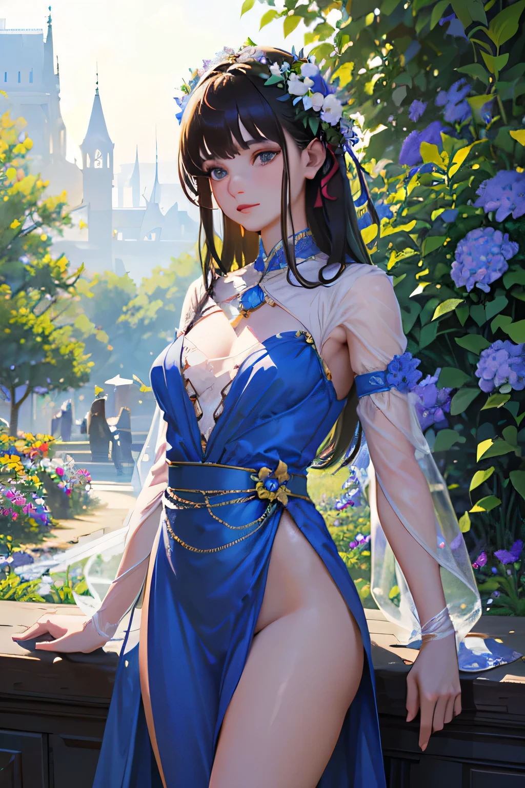 masterpiece, top quality, super detailed, high resolution, (realistic, photorealistic:1.37), excellent anatomy, beautiful 1 woman, Nogizaka46 costume, cowboy shot, thighs, (flowers, many small petals, garden, blue sky), looking at viewer, small waist, official art, raw photo, incredibly absurd, face light, dynamic lighting, cinematic lighting, sharp focus, extremely detailed eyes and face, best light, best shadow, mysterious, perfect face, highly detailed,