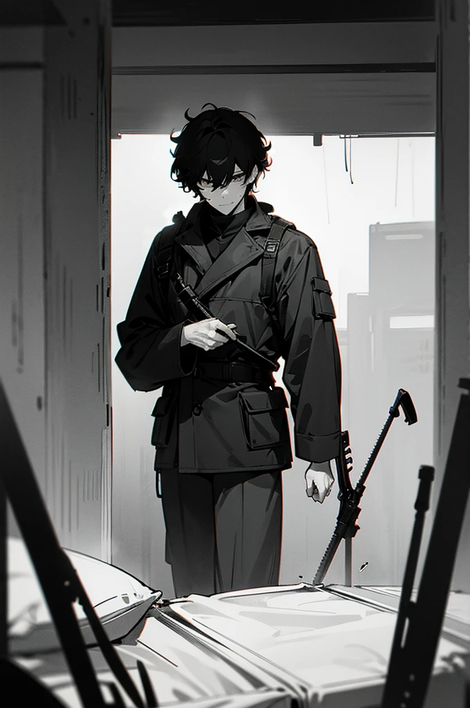arm enterprise、Suppression Division、Combatant、Sniper、male、若いmale、Curly hair、Short Hair、cool、calm、Listless、Sigh、Nihilistic smile、sex appeal、room、adult、cool、sense of urgency、Creepy eyes、Slender、Large、Sniperライフル、Large ranged weapons、Modern weapons、darkness、dark、melancholy、fatigue、Sweat、shortness of breath、Covert behavior、battlefield、Black theme、grayscale、Red accent color、High Contrast