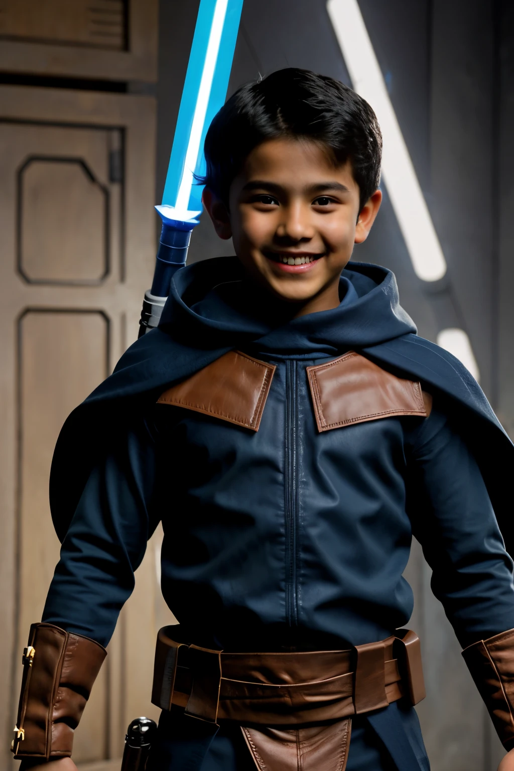 10 year old boy, brown padawan suit, wielding a blue lacer saber, black hair and laugh, brown eyes, tanned skin and an evil smile. starwars comic style