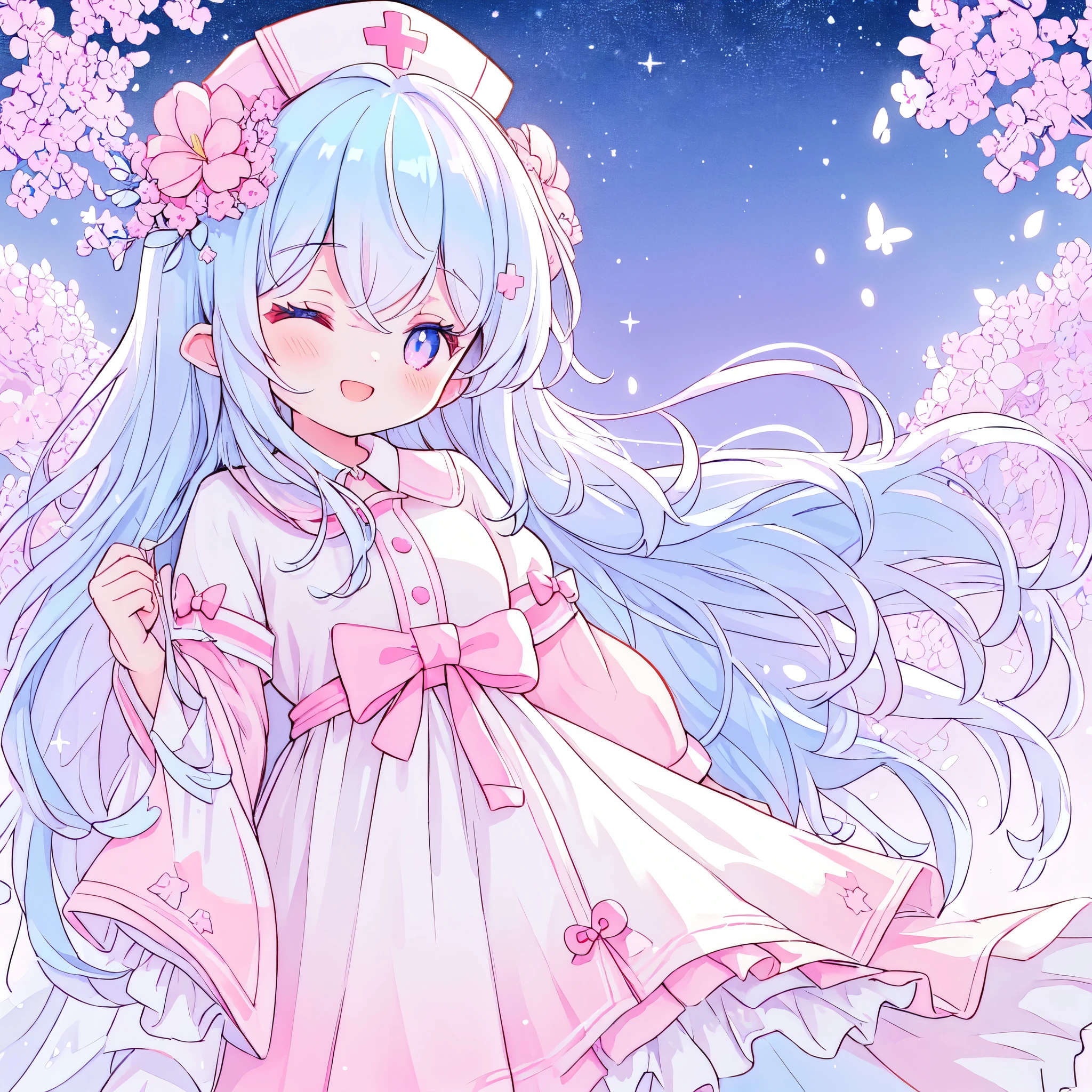 beautiful a girl wearing a pink nurse uniform and a pink nurse cap,, (highest quality,masterpiece,16K or 8K,Super detailed,gradient glitter ),(Upper body、front), background Colorful medicine capsules,、 nurse princess, The girl is holding a syringe as big as her body, beautiful, masterpiece, highest quality、gradient hair, light blue hair, floating hair, wavy hair,fluffy hair、 Hair in the wind, pastel wreath on head,Lavender colored eyes, long eyelashes, beautiful eyes、pointed ears, light smile, bright pupils, (a girl closes her eyes and opens her mouth and smiles happily.),digital illustration, highest quality,High resolution, romantic academia, romantic atmosphere, fantasy, white background, happy, laughing,