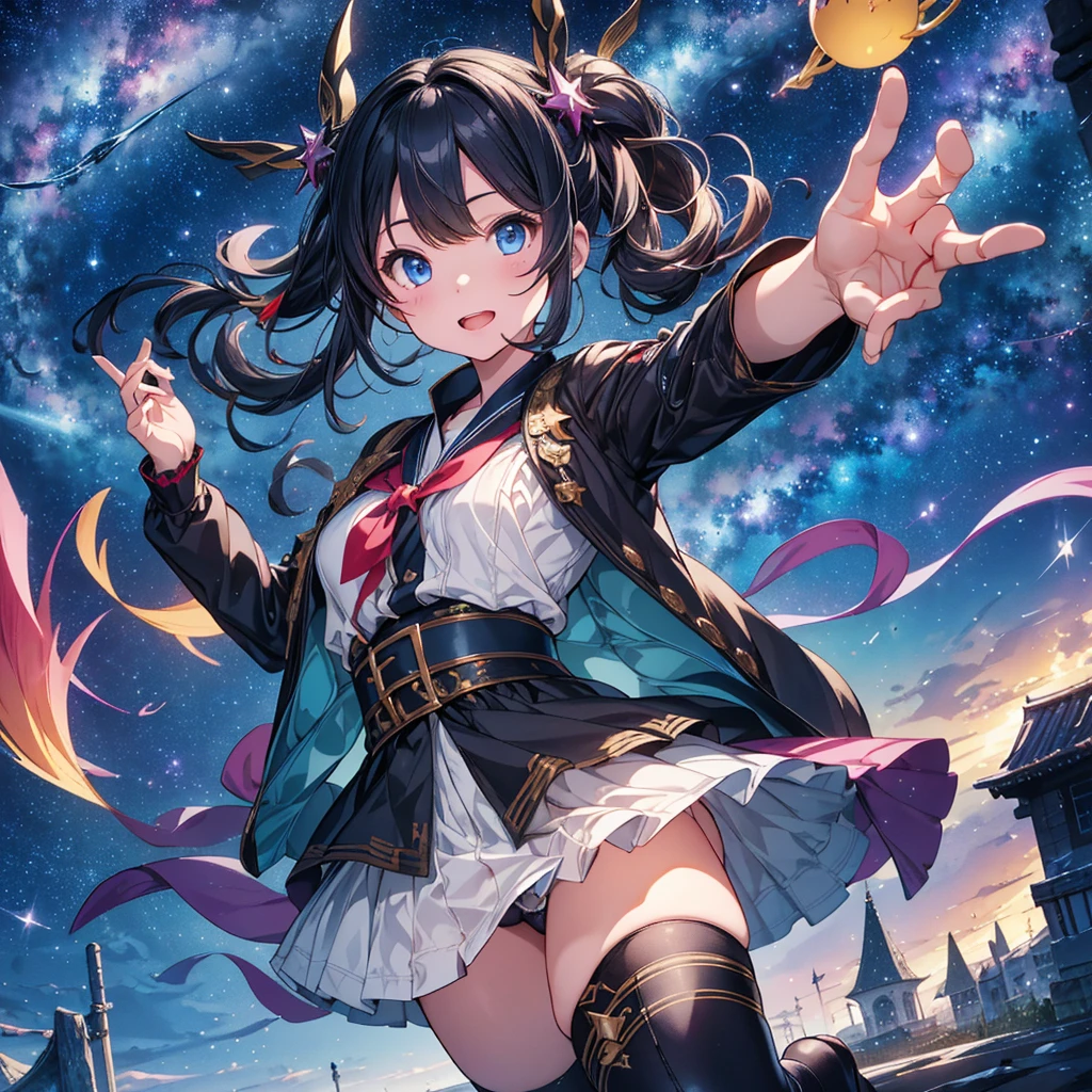 1girl、Star Fairy、(((highest quality、最高masterpiece、Official Art、The best dynamic composition、Ultra-detailed eyes、Fine hair)))、leaping figure composition, full body shot、leaping figure composition, Hair color in full body shot、blue eyes、Kimono Goth Lori、Gothic ta Kimono Remade from Kimono、Knee-high boots、whole body、star charm、masterpiece、Super hugeな魔法の杖、 highest quality,(colorful),(Beautifully detailed eyes and face),Cinema Lighting,Highly detailed CG Unity 8k wallpaper、Super huge、whole body、universe、Milky Way、Meteors